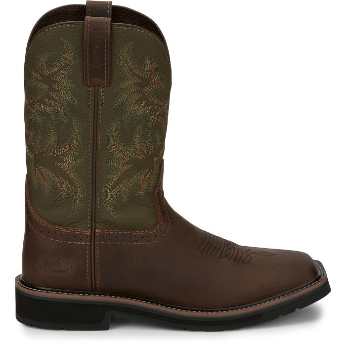 JUSTIN DRILLER 11" WORK BOOT BROWN WITH GREEN - SE4687