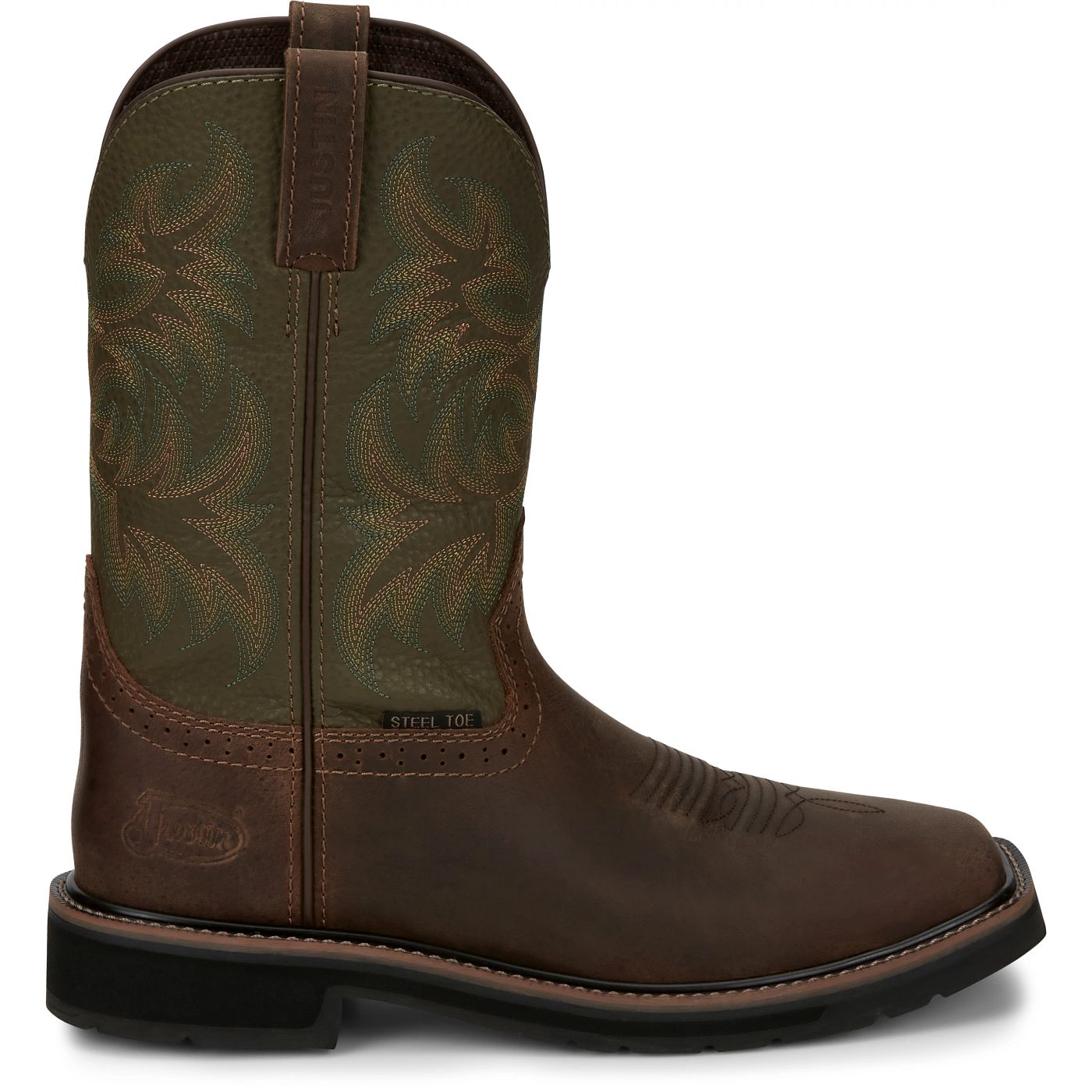 JUSTIN DRILLER 11" WORK BOOT BROWN WITH GREEN - SE4687