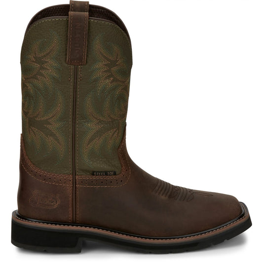 JUSTIN DRILLER 11" WORK BOOT BROWN WITH GREEN - SE4687