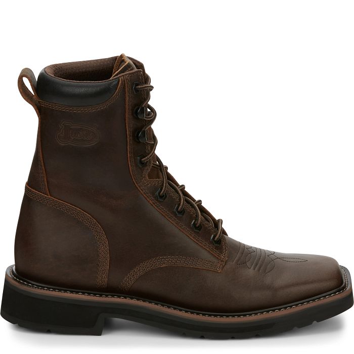 JUSTIN PULLEY 8" LACE-UP WORK BOOT Aged Brown - SE681