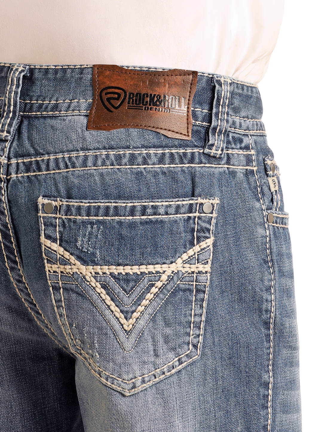 Rock & Roll Denim Double Barrel men's light wash relaxed fit straight leg jean M0S1612, back pocket detail