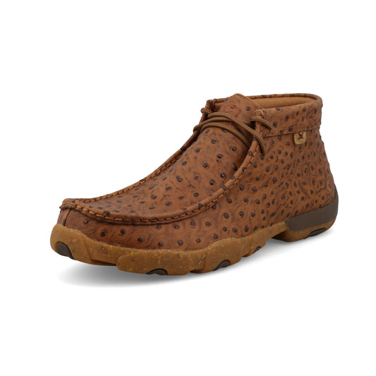 Twisted X MDM0100 men's chukka driving moc in cognac ostrich print leather, outer side view