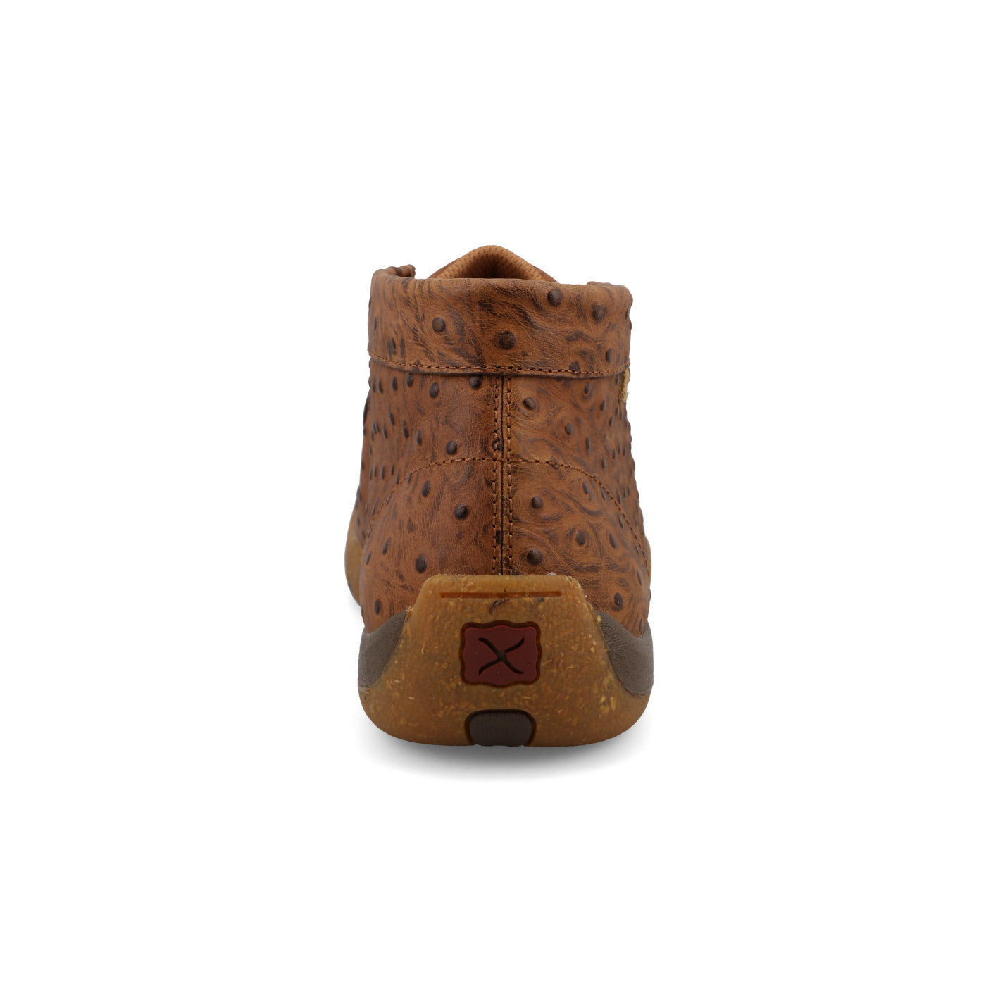 Twisted X MDM0100 cognac ostrich print chukka driving moc, available at Teres Western Wear in Dallas