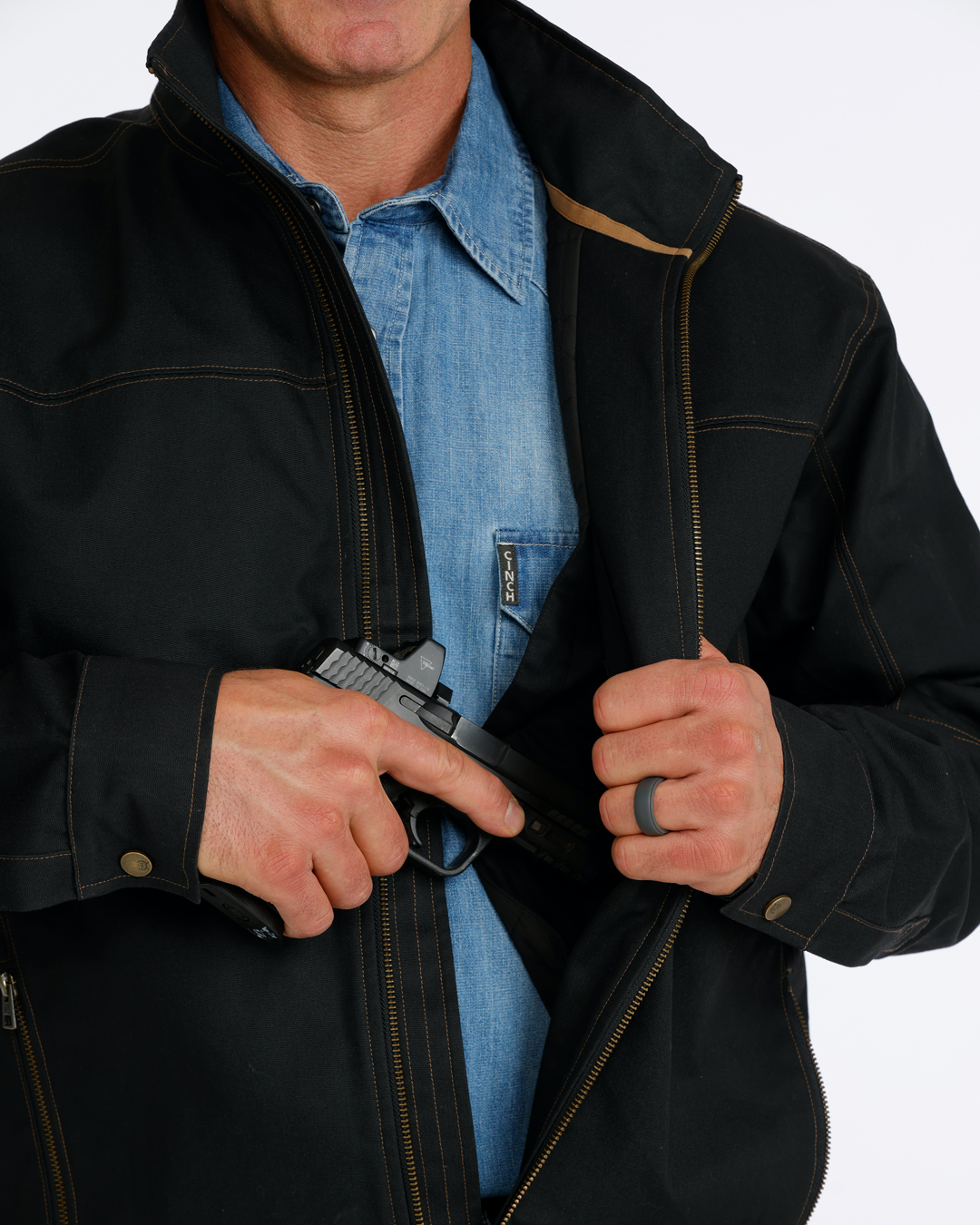 Cinch Men's Concealed Carry Canvas Jacket MWJ1938001 in Black, open jacket detail