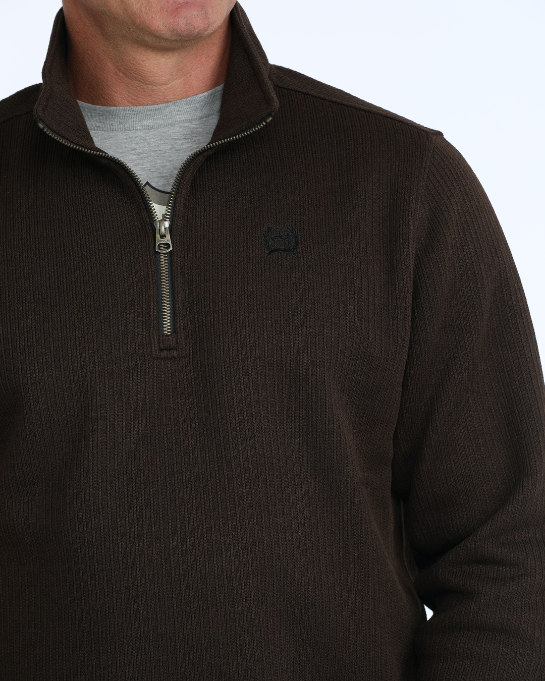 Cinch Men's 1/4 Zip Pullover MWK1080022 in Brown, chest and logo detail