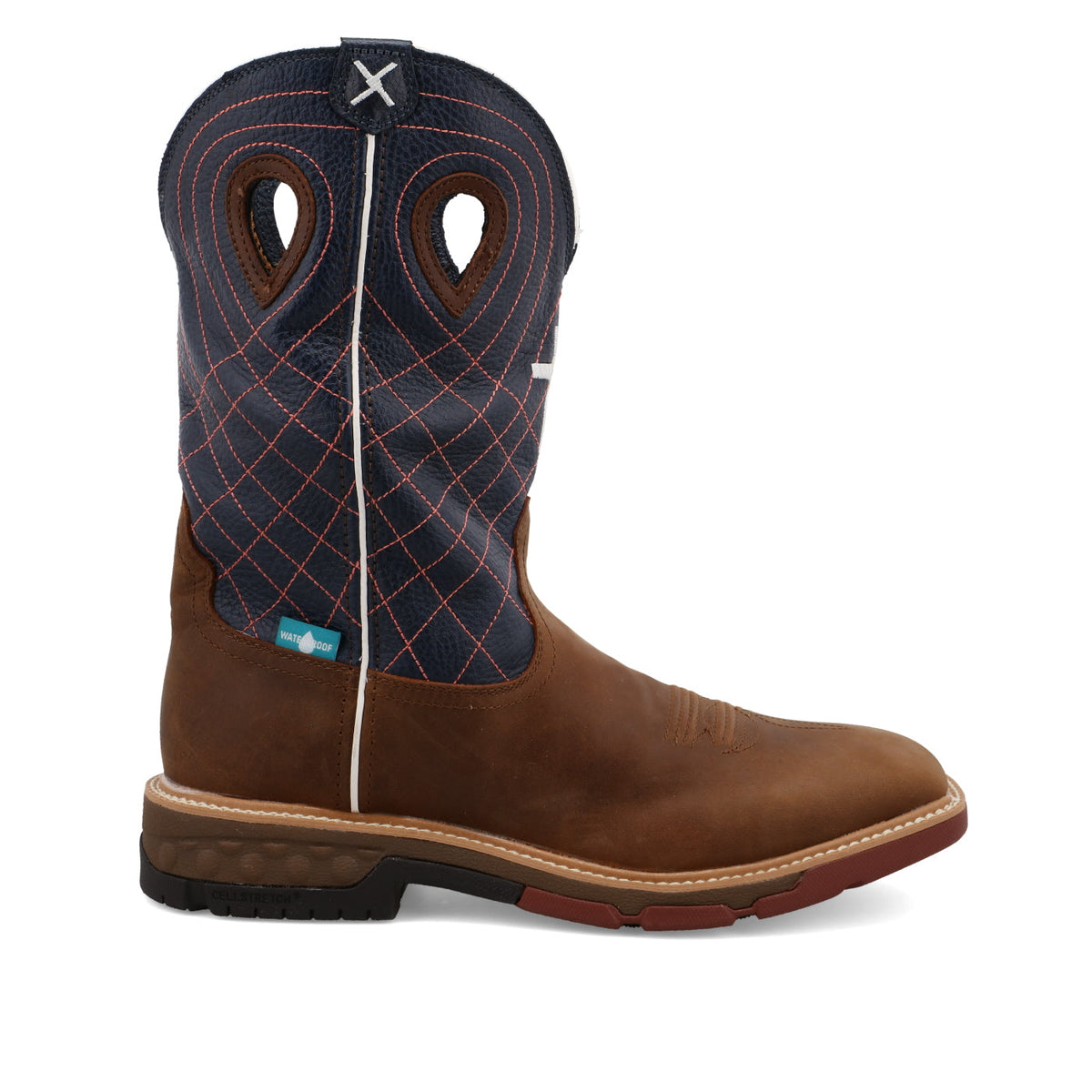 Twisted X MXBW001 12 inch western work boot, three-quarter front view with navy shaft stitching