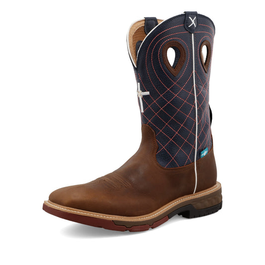 Twisted X MXBW001 men's 12 inch waterproof western work boot in mocha and navy with CellStretch, outer side view