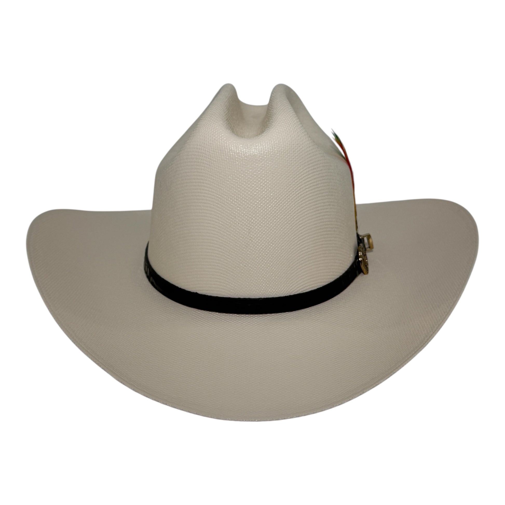 Sombrero vaquero Tombstone Chaparral 1000X de palma natural, vista de frente, con toquilla de piel negra y hebilla dorada