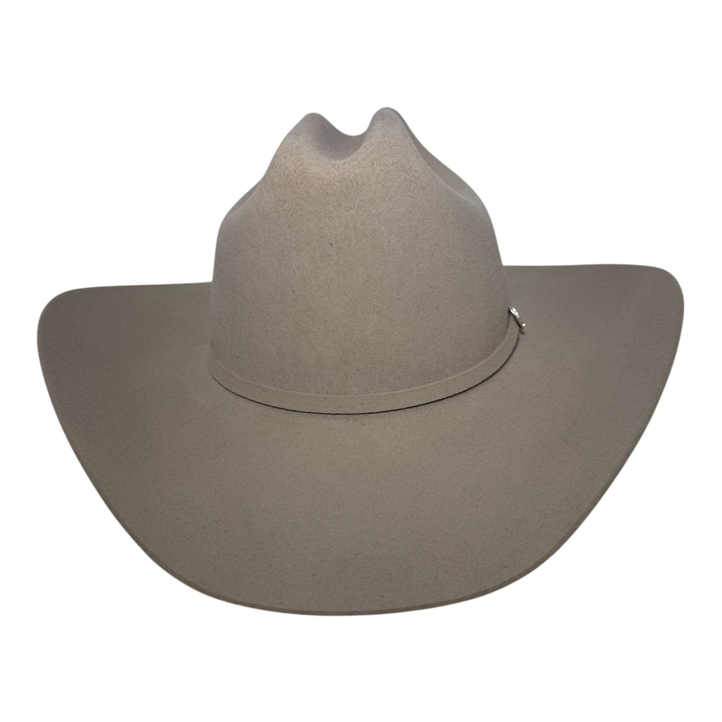 Stetson Lariat 5X silverbelly fur felt cowboy hat, three-quarter view showing self-felt hatband with silver-tone buckle set