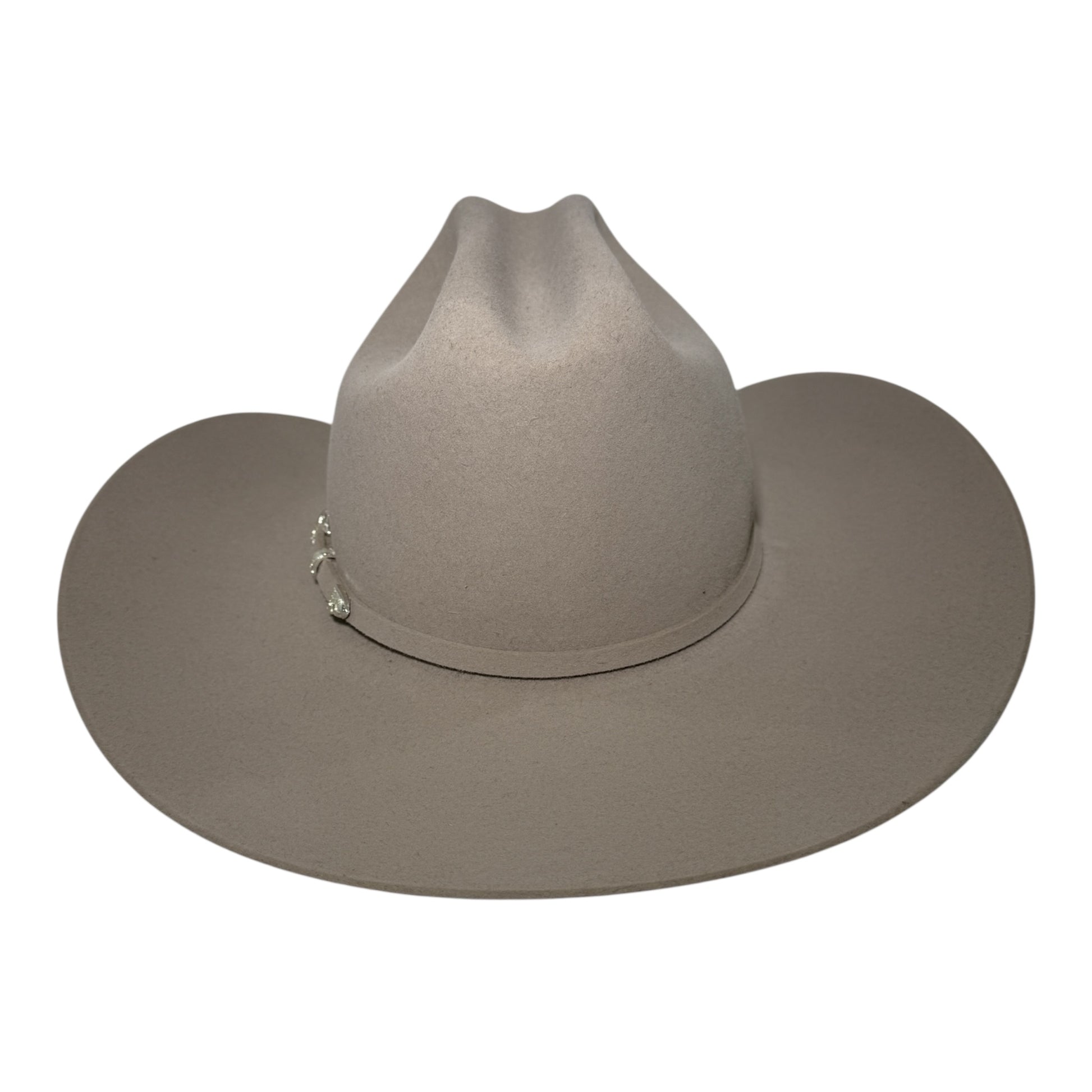 Stetson Lariat 5X silverbelly fur felt cowboy hat, side profile showing cattleman crown crease