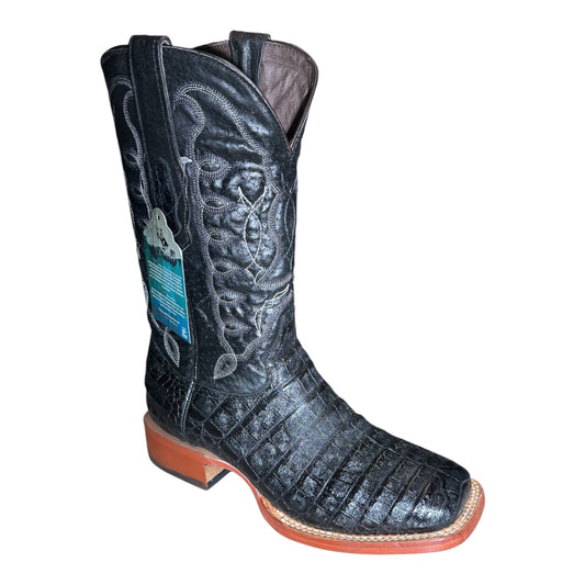 Reparo RPE201211 men's cowboy boot in black coco belly print with Suavel shaft, three-quarter view