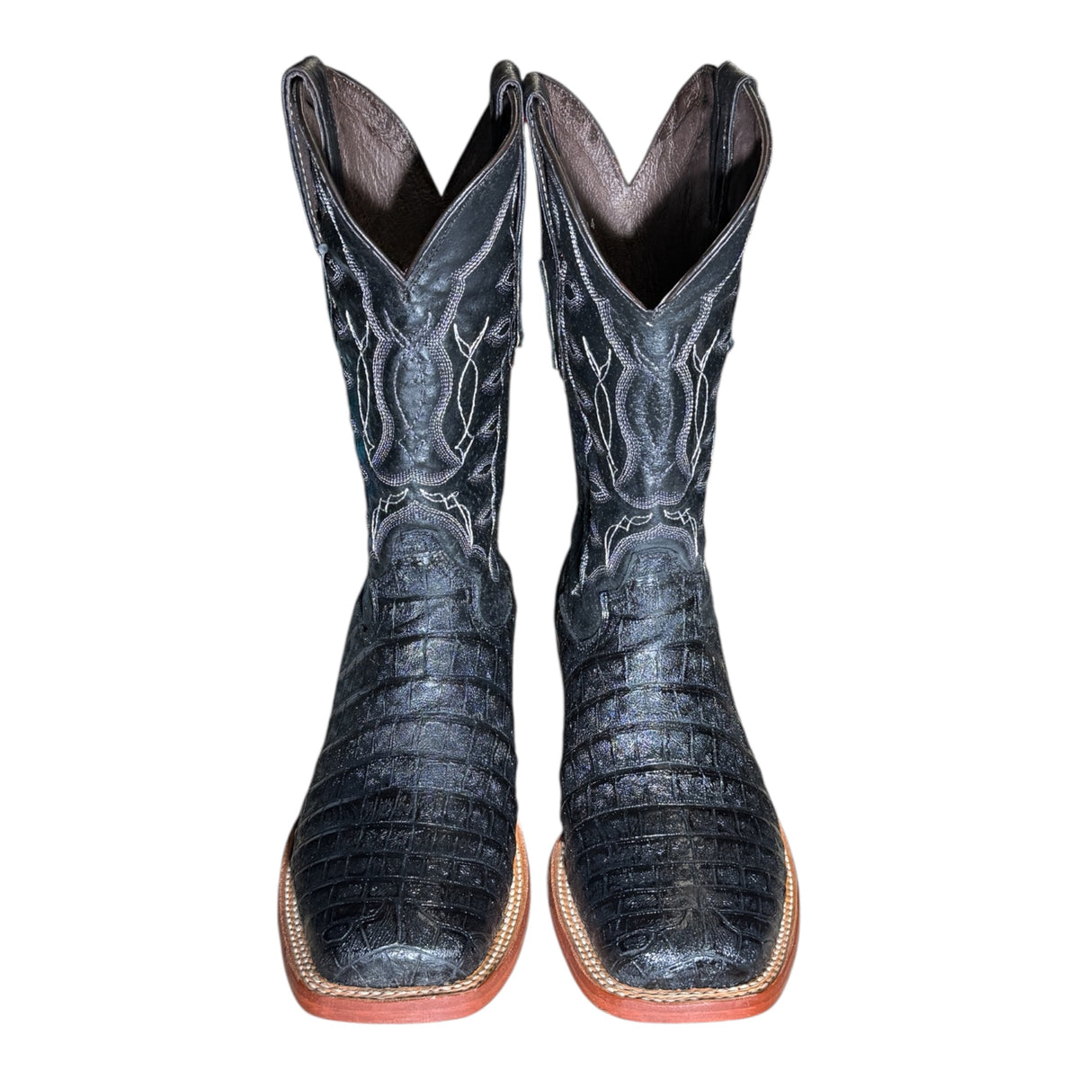 Pair of Reparo RPE201211 men's black coco belly print cowboy boots, front view showing the square toes
