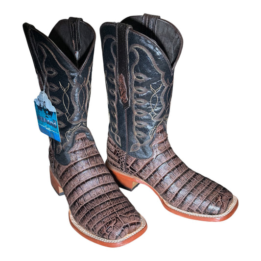 Pair of Reparo RPE201209 men's brown coco belly print cowboy boots with Suavel shafts, angled view