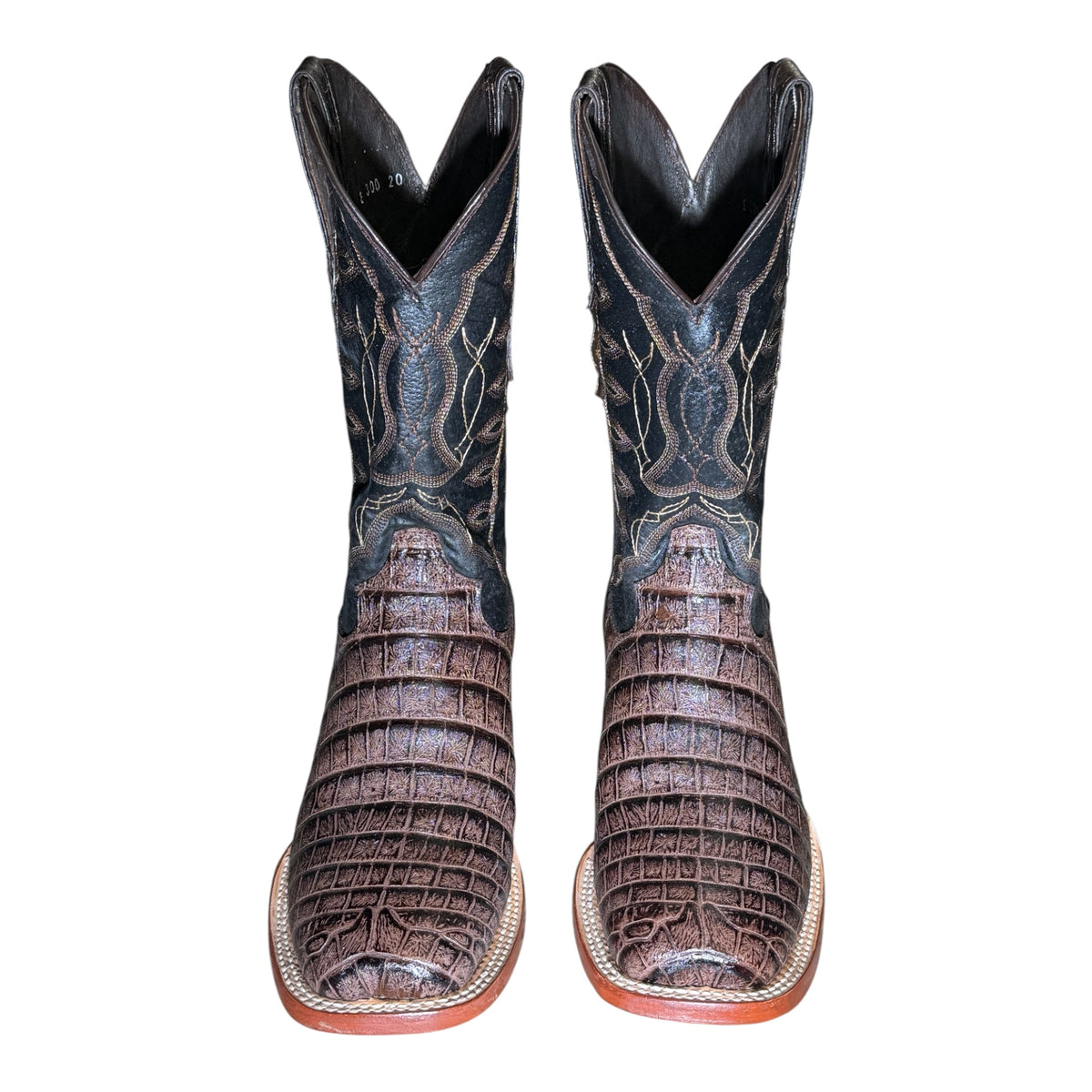 Pair of Reparo RPE201209 men's brown coco belly print cowboy boots, front view showing the square toes