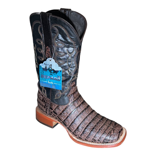Reparo RPE201209 men's cowboy boot in brown coco belly print with Suavel shaft, three-quarter view