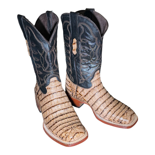Pair of Reparo RPE201909 men's tan coco belly print cowboy boots with black shafts, angled view