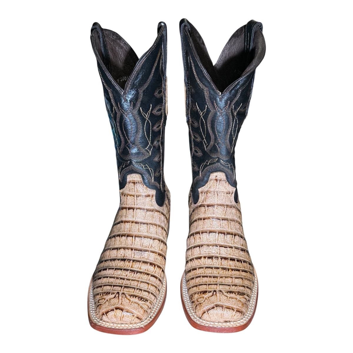 Pair of Reparo RPE201909 men's tan coco belly print cowboy boots, front view showing the square toes