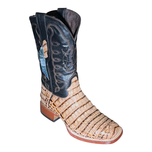 Reparo RPE201909 men's cowboy boot in tan coco belly print with black shaft, three-quarter view