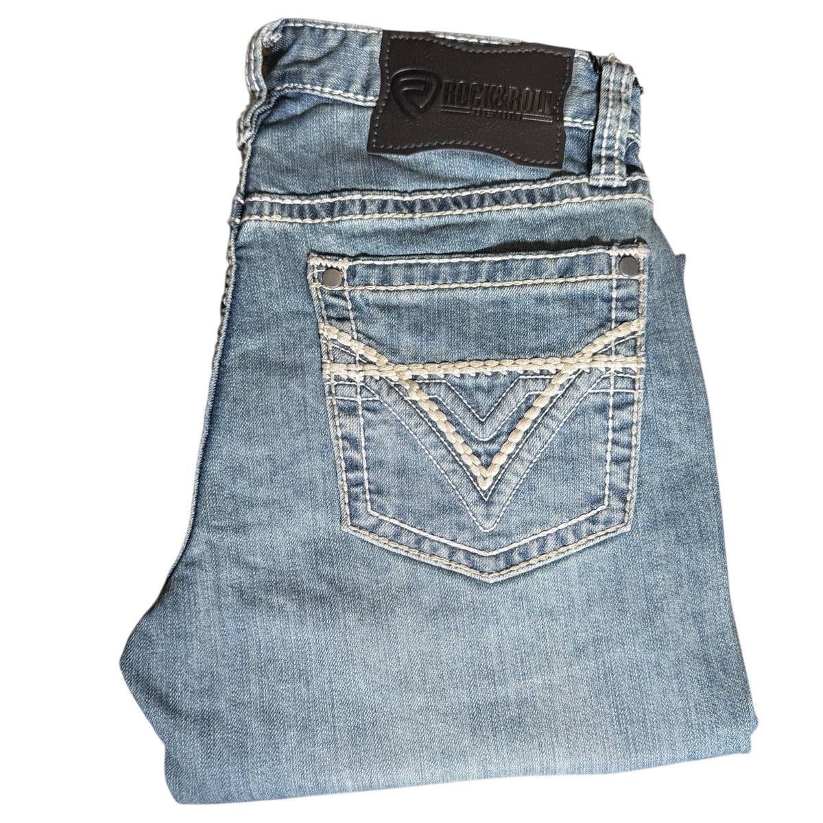 Rock & Roll Denim Revolver men's light vintage wash jean BM1RD09954, folded to show the large V-stitch back pocket and leather brand patch
