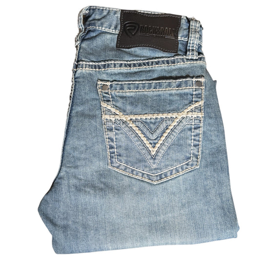 Rock & Roll Denim Revolver men's light vintage wash jean BM1RD09954, folded to show the large V-stitch back pocket and leather brand patch