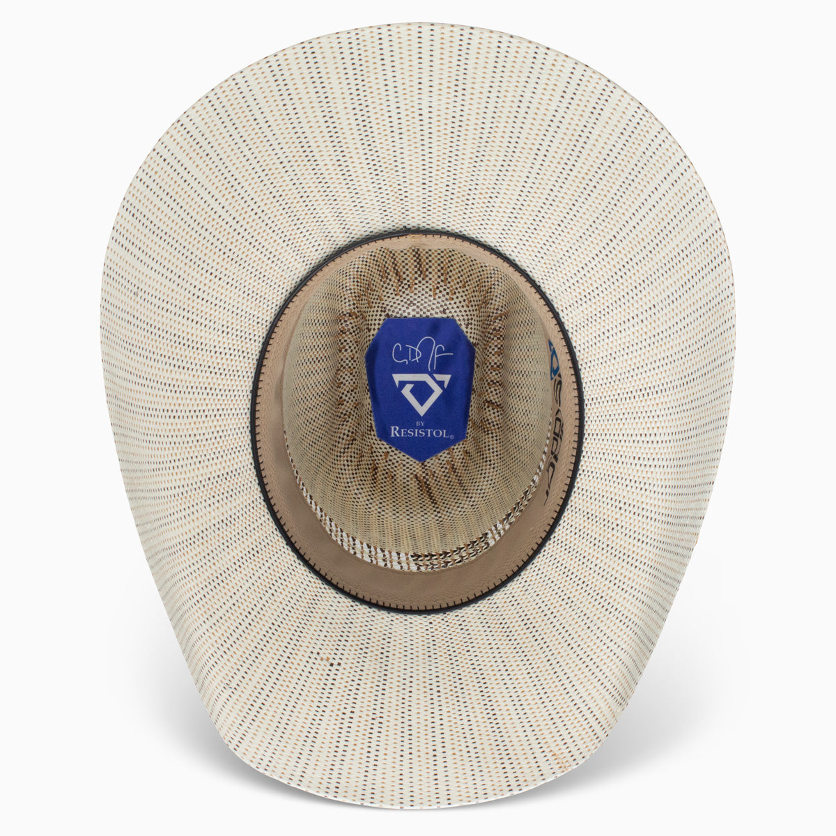 Resistol Edgewood straw hat, vented brick crown top view