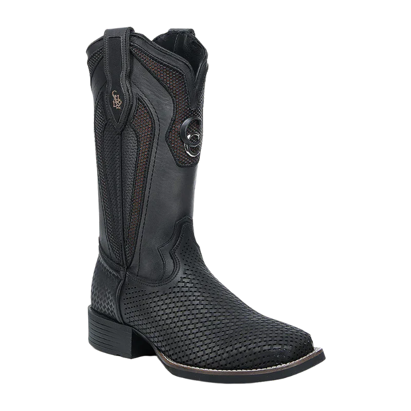 CUADRA  MENS BOOT  BLACK EMBROIDERY & LASER SQUARE TOE CU985-L