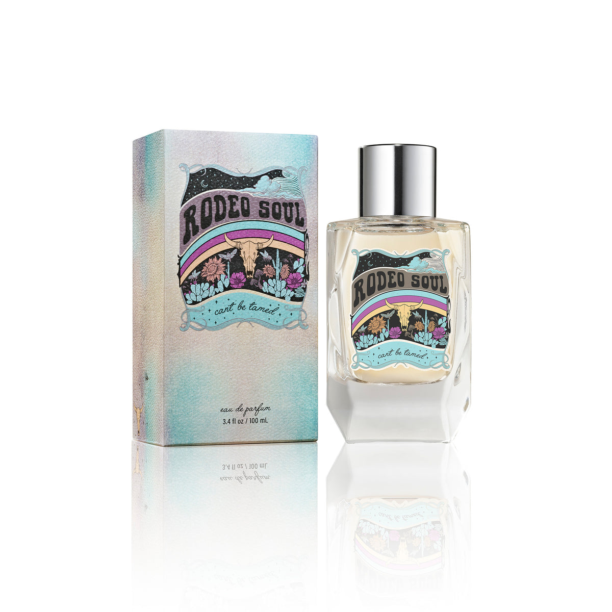 Tru Fragrance Rodeo Soul Can't Be Tamed eau de parfum 3.4 oz, bottle and pastel western graphic box