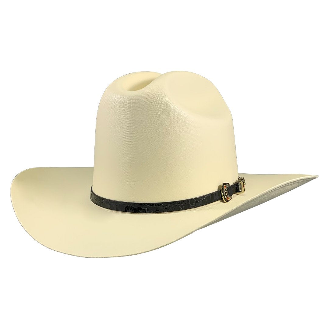 Tombstone Johnson 5000X Master Telar natural straw cowboy hat with black leather band, front view