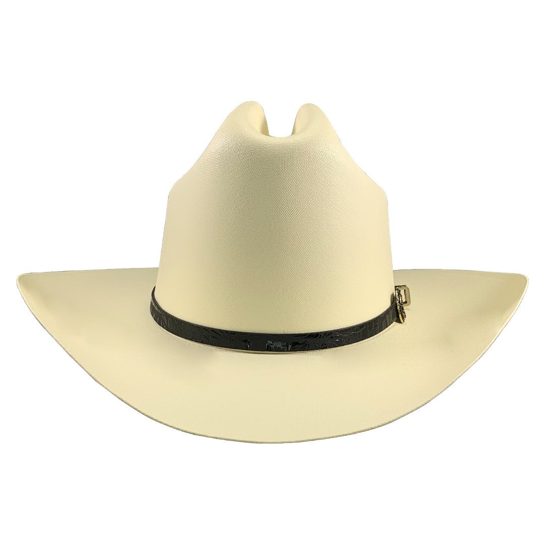 Tombstone Johnson 5000X Master Telar natural straw cowboy hat, side view with 3 1/2 inch brim