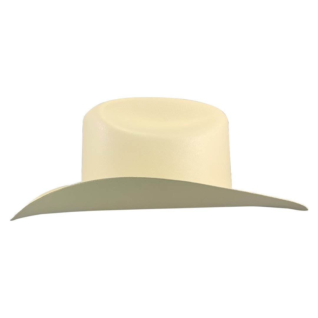 Tombstone Johnson 5000X Master Telar natural straw cowboy hat, three-quarter view showing tall Johnson crown
