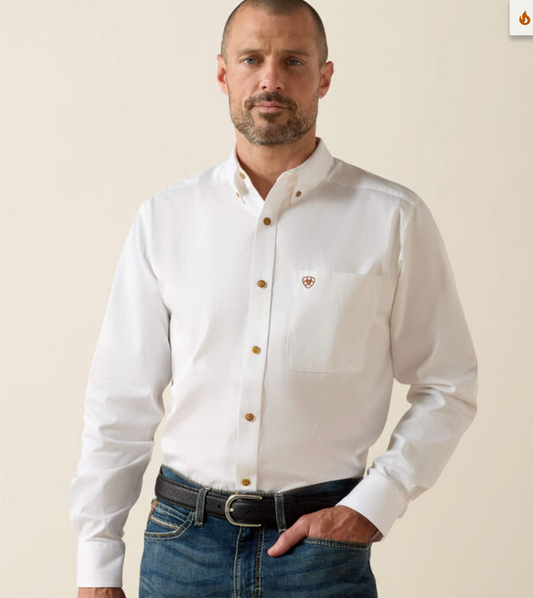 Ariat Men Shirt White Solid Twill Fitted Shirt 10034230