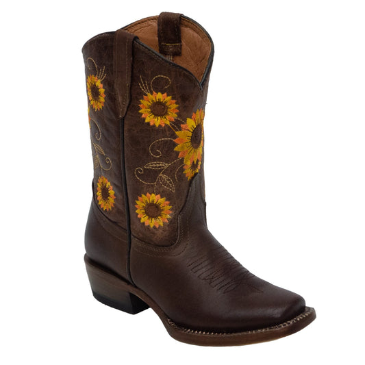 Girls Cedar Park Vintage Brown / Sunflower Embroidery Top Boots - TMG205095