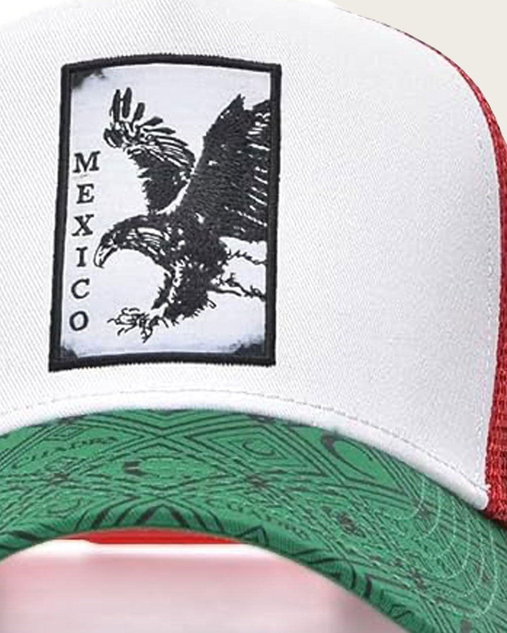 Cuadra CC112 Mexico cap, close-up of the embroidered eagle patch and green monogram visor
