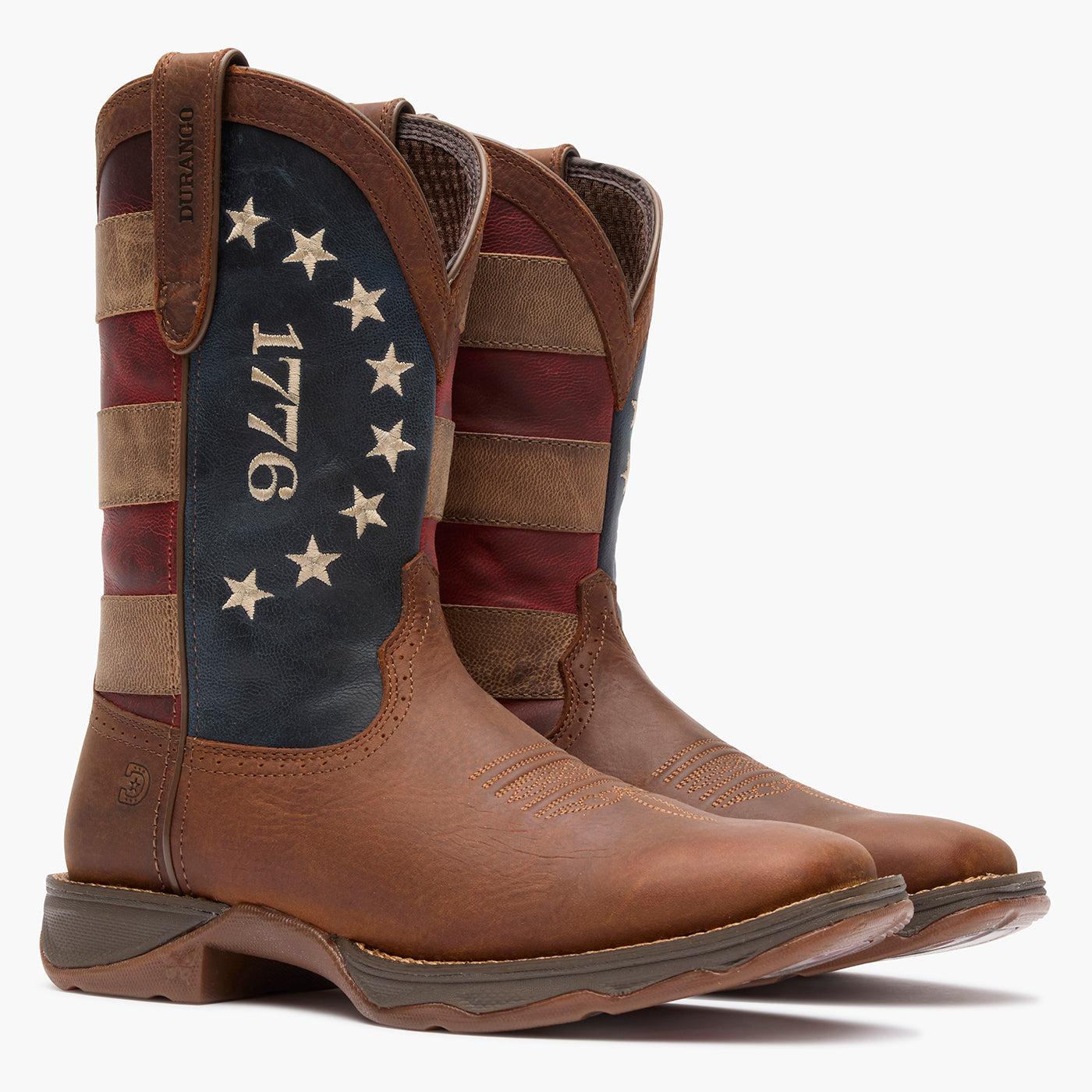 Durango Lady Rebel America 250 DRD0520 pair, front view showing 1776 flag shaft detail