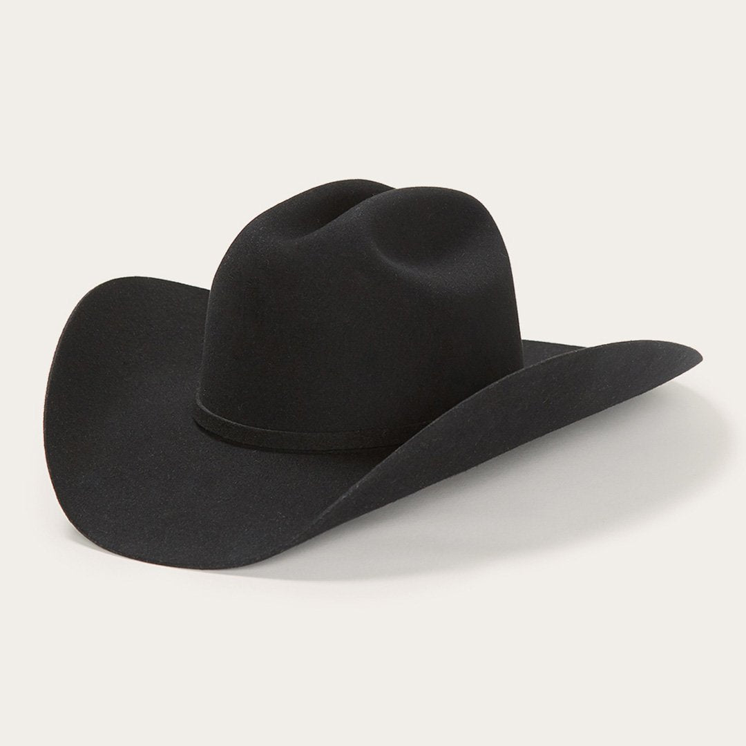Stetson Brenham 4X black cowboy hat, silver-tone three-piece buckle set on self-felt hatband