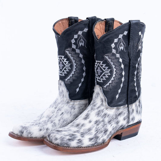 Tanner Mark Cash TMK205323 kids western boot, black and white hair-on cowhide foot with black leather shaft, front view