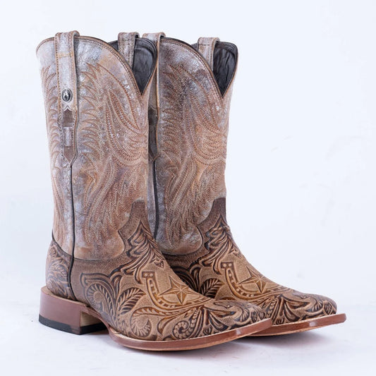 Tanner Mark Men's Gentry Hand Tooled Square Toe Boots Mocha -TM205542