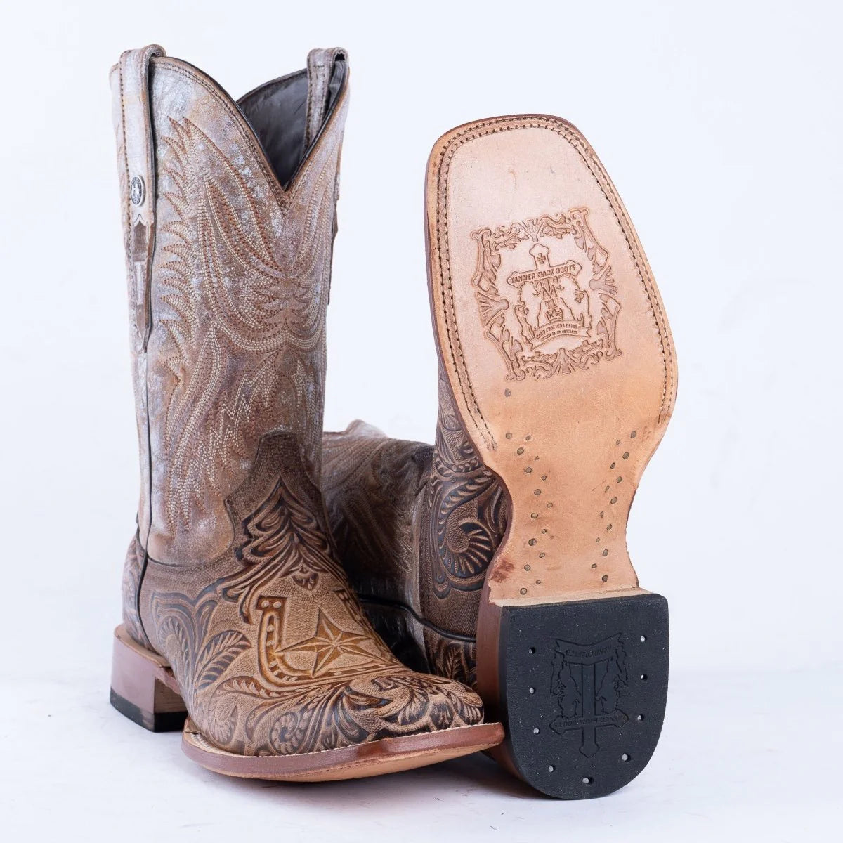 Tanner Mark Men's Gentry Hand Tooled Square Toe Boots Mocha -TM205542