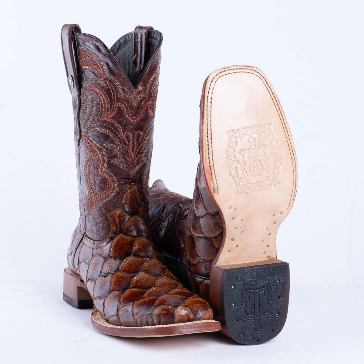 Tanner Mark Men's Print Monster Fish Square Toe Boots Cognac - TM201715