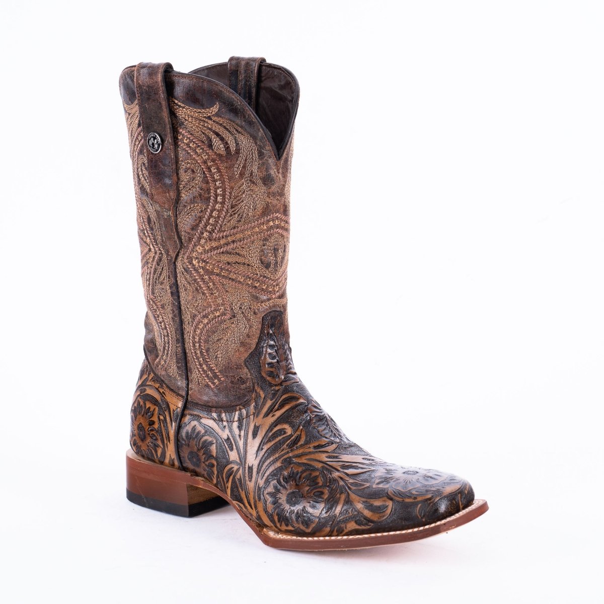 Tanner Mark men's TM205566 brown jungle hand-tooled cowboy boot, side view
