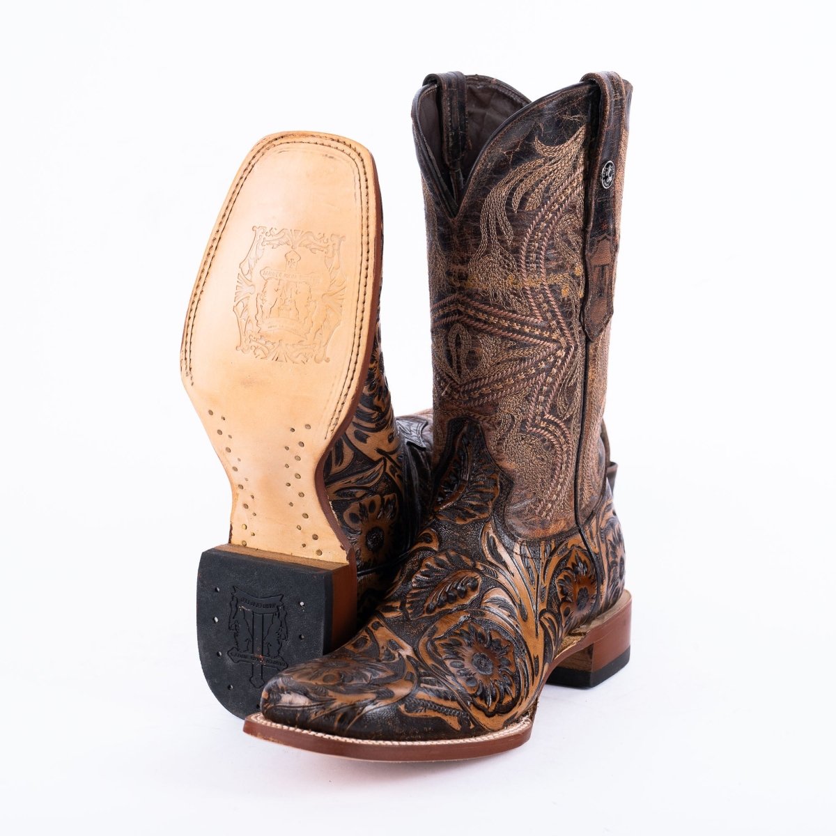 Tanner Mark men's TM205566 jungle hand-tooled cowboy boots showing the leather sole