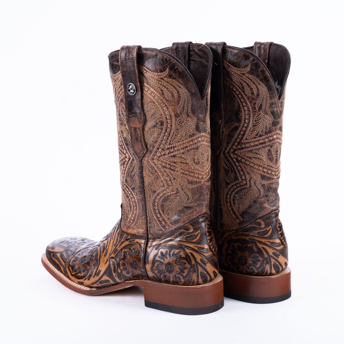Tanner Mark men's TM205566 brown jungle hand-tooled cowboy boots, back view