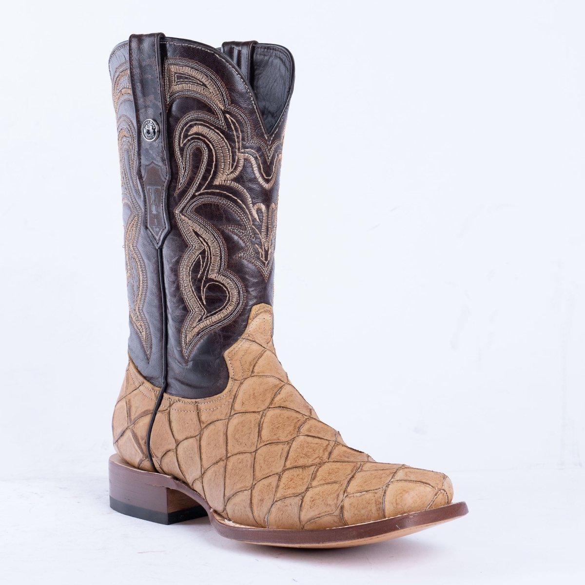 Tanner Mark TM207024 men's monster fish print cowboy boot in orix with brown fango top