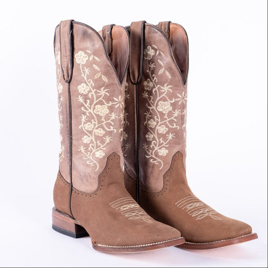 Tanner Mark Turn-In TML205197 women's crazy brown cowgirl boot with cream floral embroidered top, wide square toe