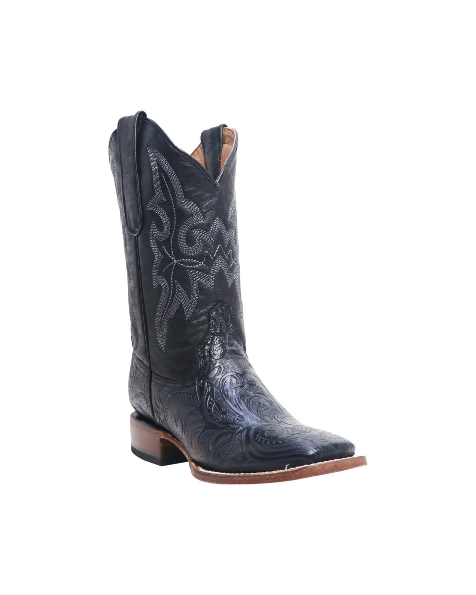 Tanner Mark TMK205044 kids western boot in black hand tooled print leather with black top, square toe
